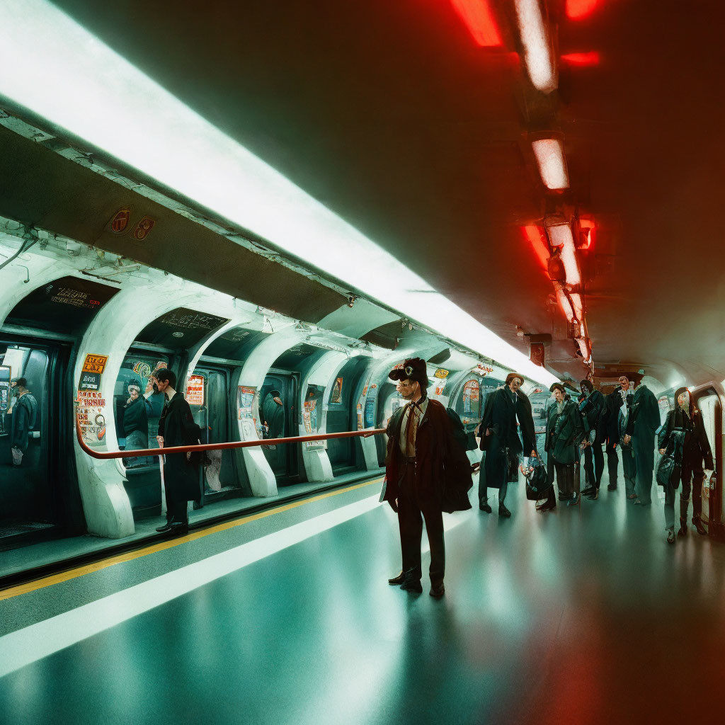 Crowded subway station with passengers and figure in sunglasses under red-lit ceiling.