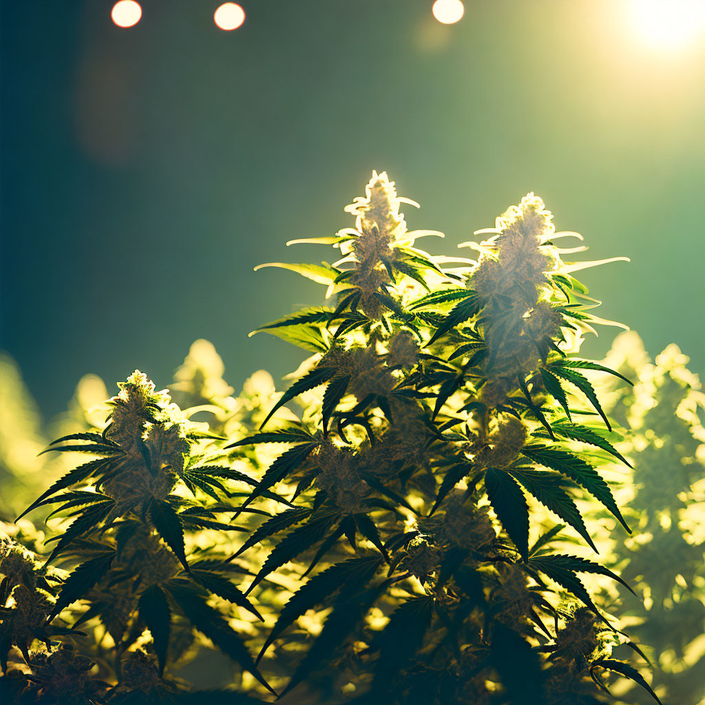 Blooming Cannabis Plants with Backlit Trichomes & Leaves