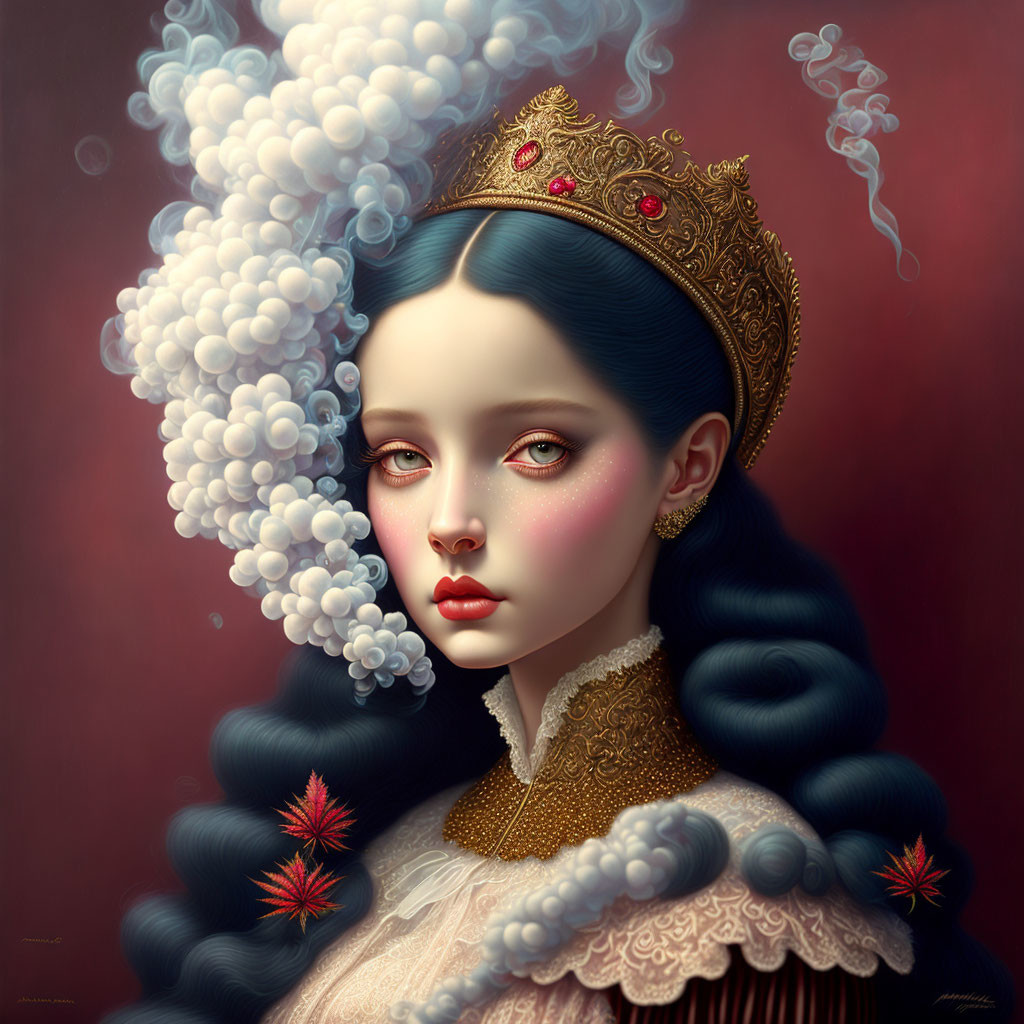 Portrait of woman with porcelain skin, golden crown, blue-black hair, red leaves, and white spheres