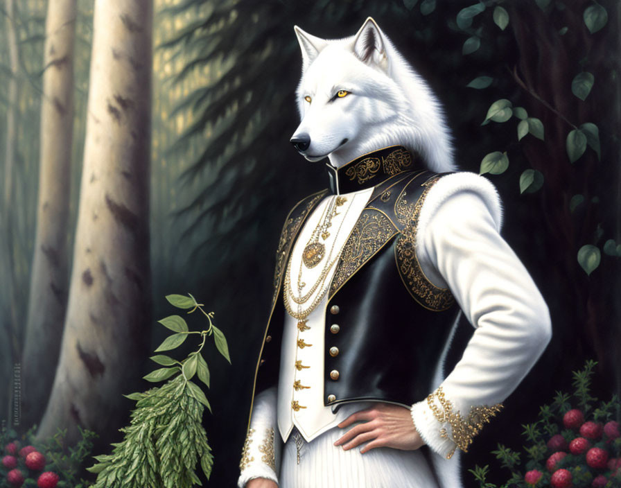 White Wolf in Ornate Jacket Stands in Bamboo Forest