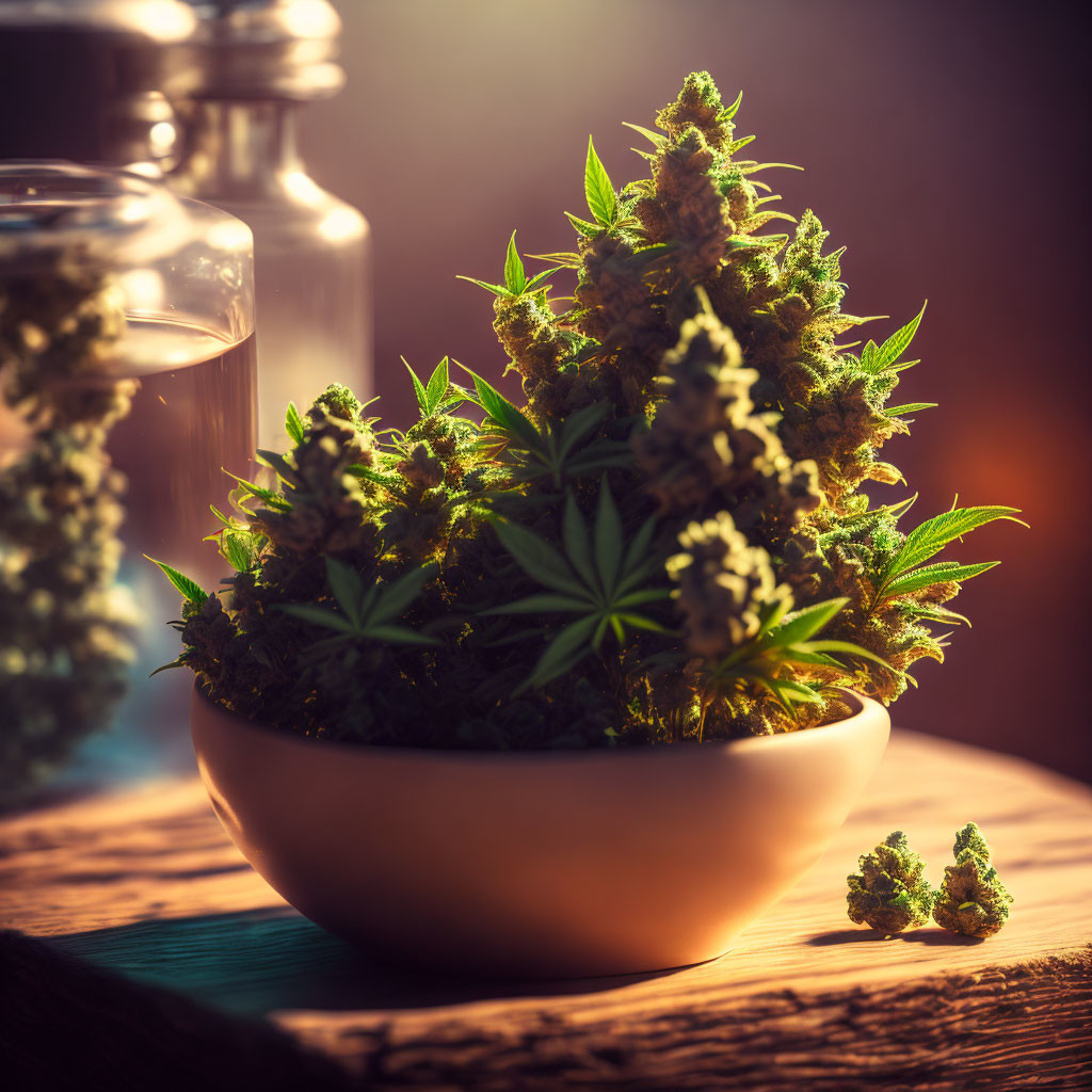 Mature cannabis buds in bowl on wooden surface with warm backlight