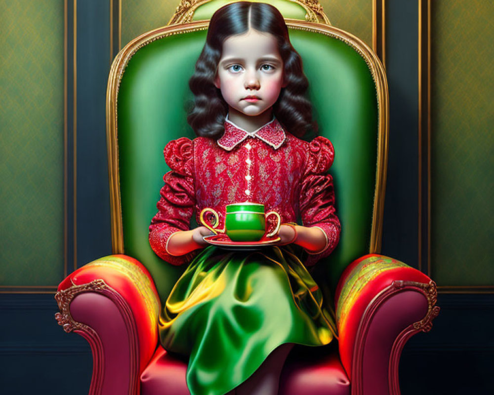 Young girl with long dark hair in red and green dress sitting on ornate chair with green cup and