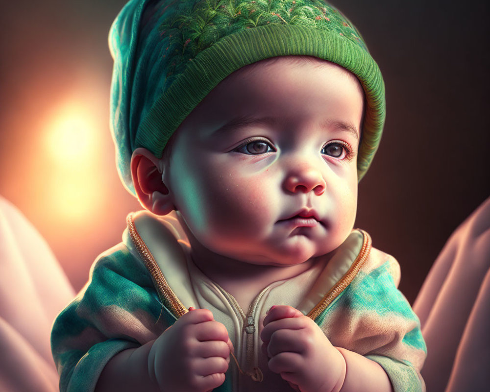 Baby in green knitted hat and jacket with big eyes, gazing in wonder.