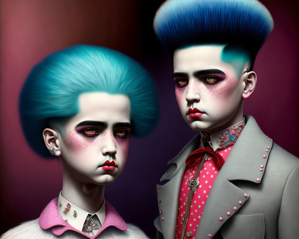 Exaggerated stylized characters with vibrant blue hair and colorful makeup on dark background