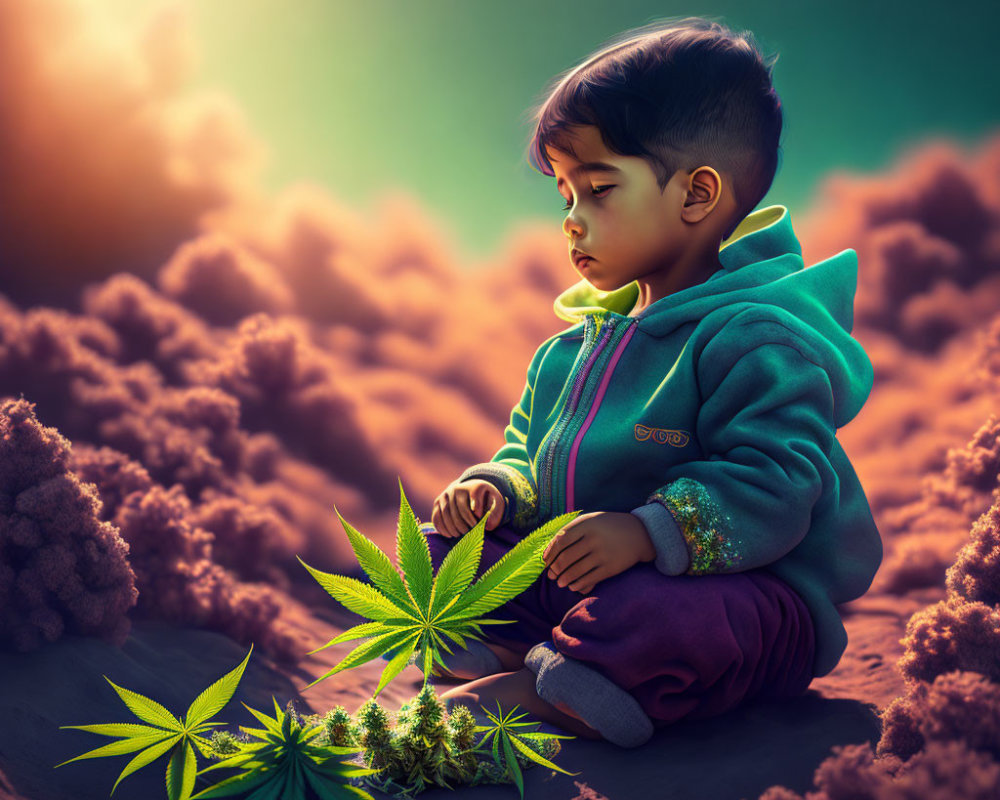 Child in hoodie with cannabis leaf against sunset sky