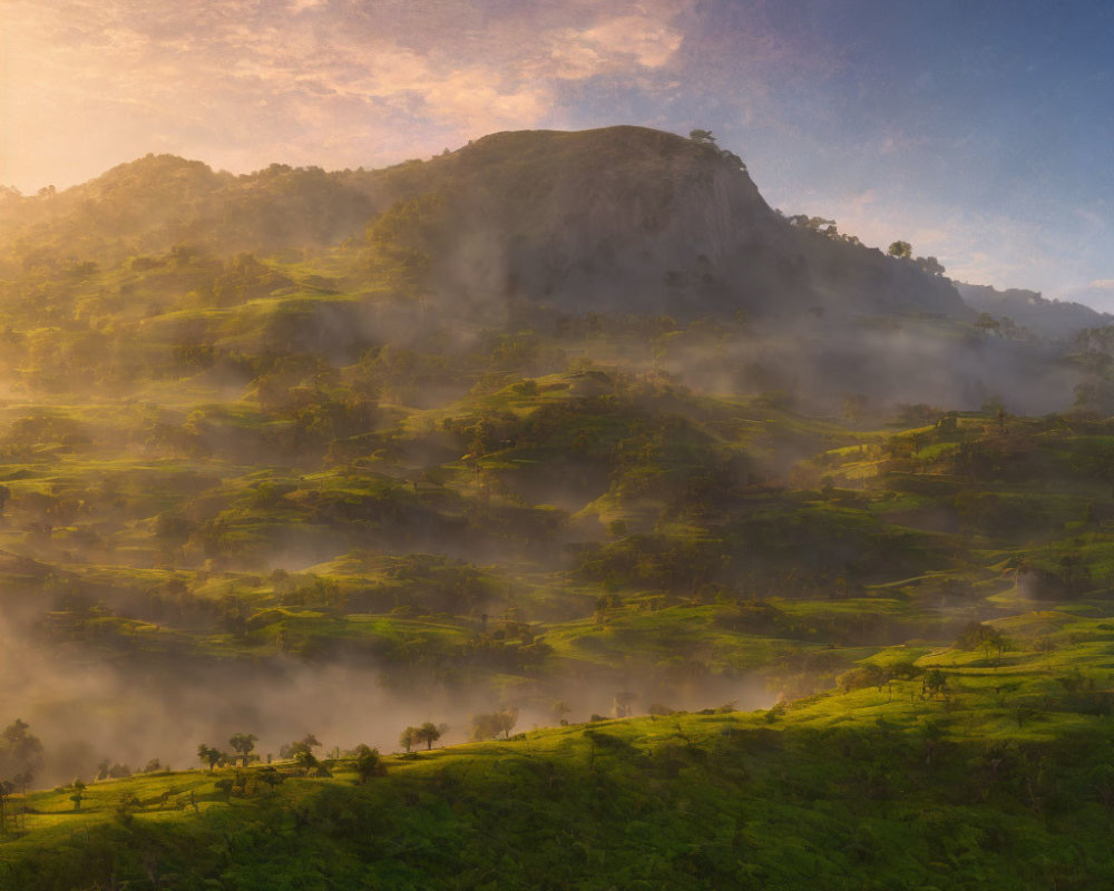 Misty Sunrise Over Lush Terraced Hillside