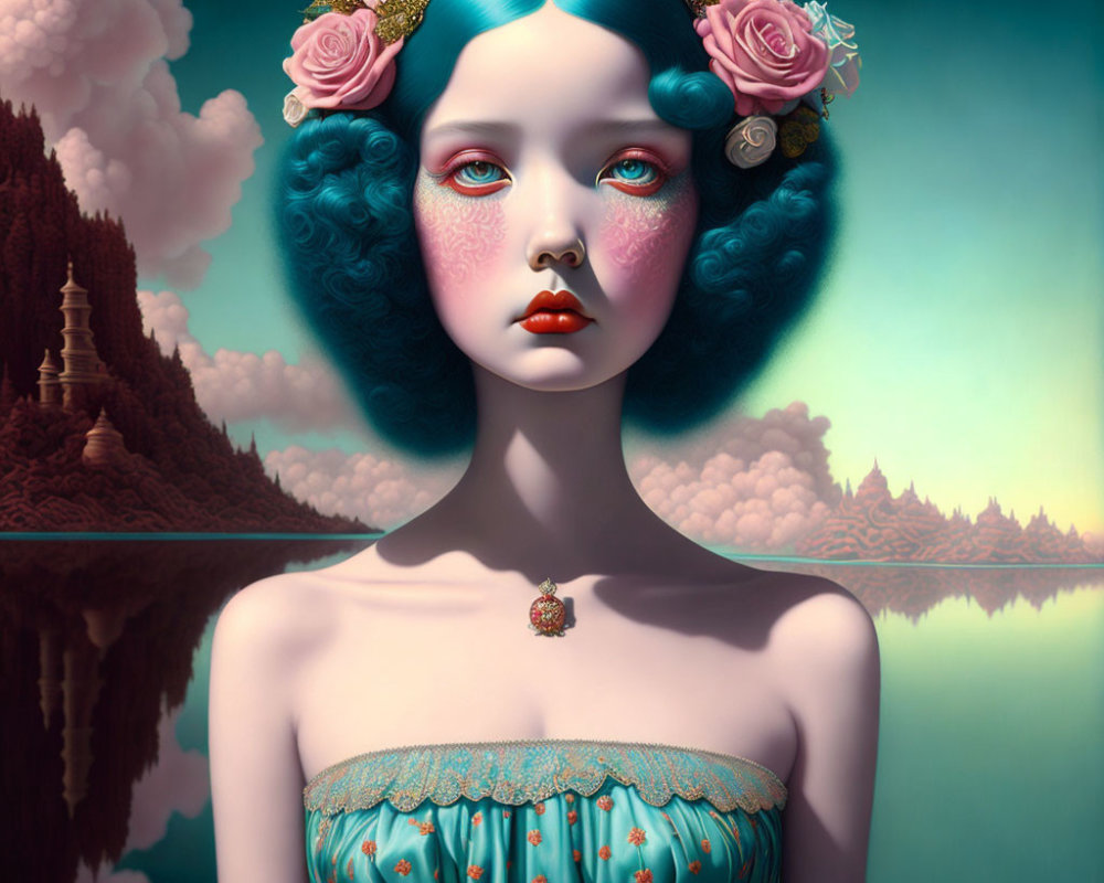 Surreal portrait of woman with blue hair and rose crown in fantastical landscape