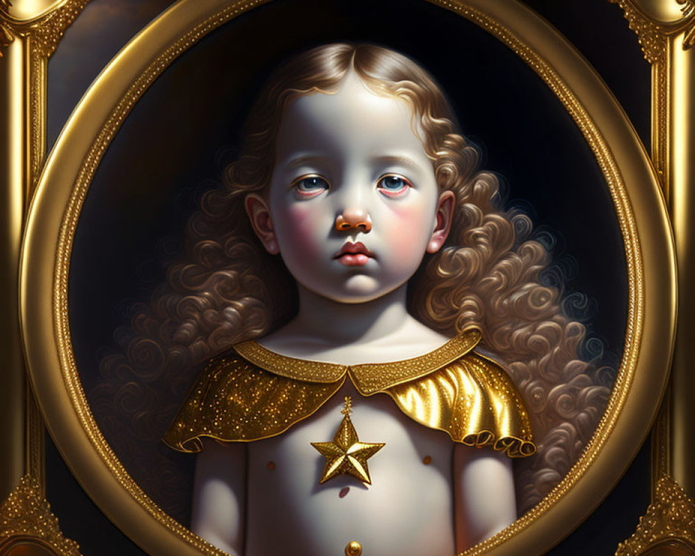 Child with Curly Hair in Golden Collar Portrait in Ornate Frame