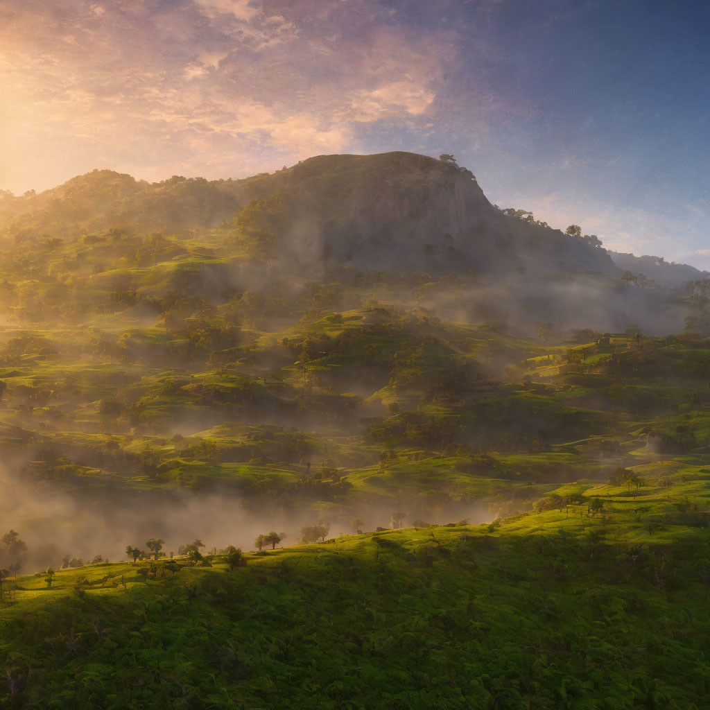 Misty Sunrise Over Lush Terraced Hillside