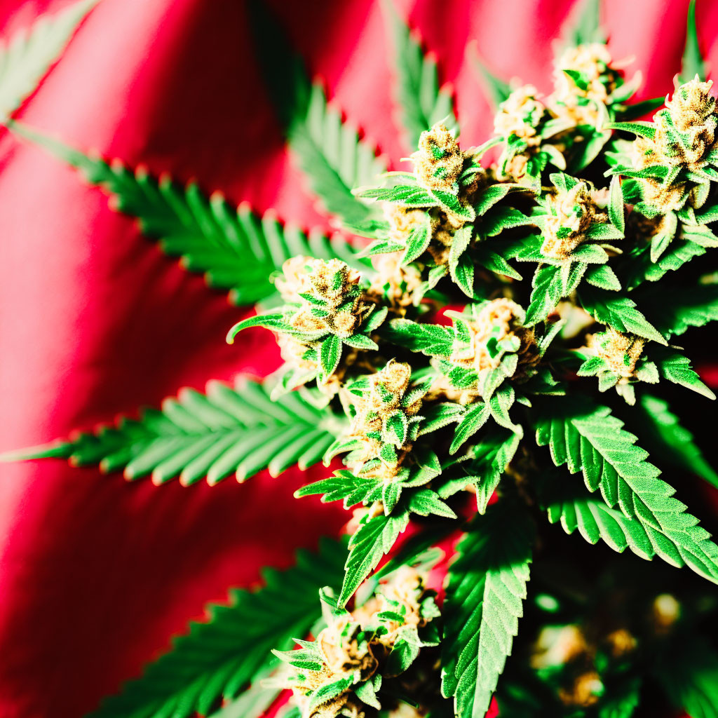 Vivid Green Cannabis Plant with Distinct Leaves and Flowers on Blurred Red Background