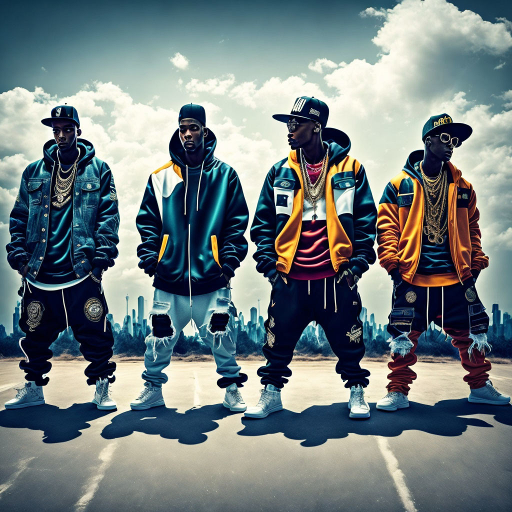 Four Men in Stylish Urban Streetwear Against City Skyline Backdrop