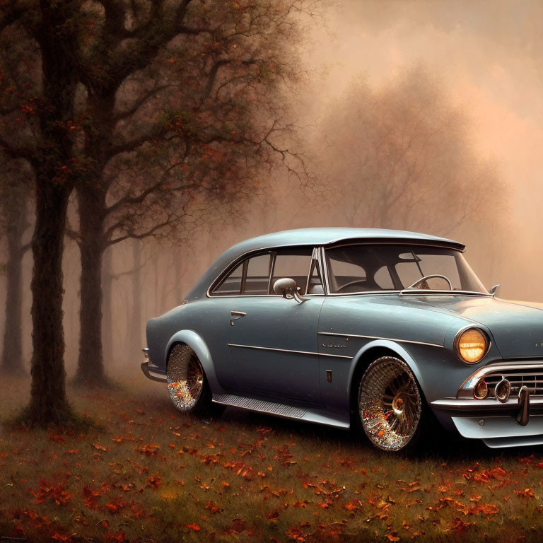 Blue Classic Car with Shiny Rims Parked in Autumn Scene