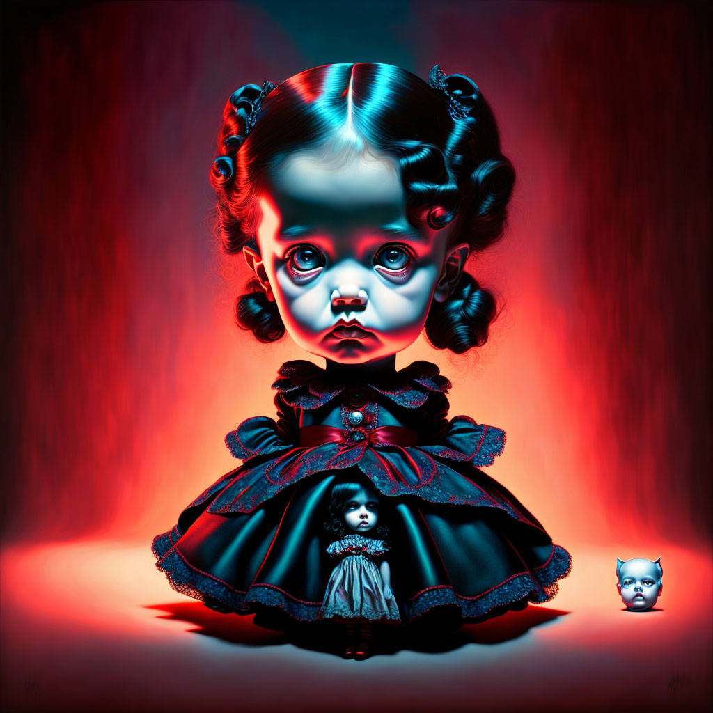 Surreal painting of girl with large eyes and curls in dark dress on red backdrop