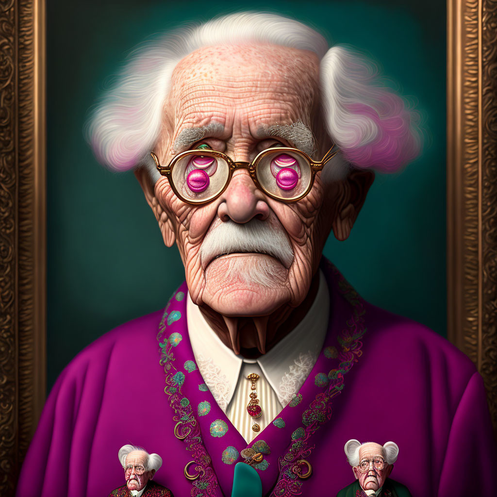 Elderly man in pink glasses, purple robe, green background