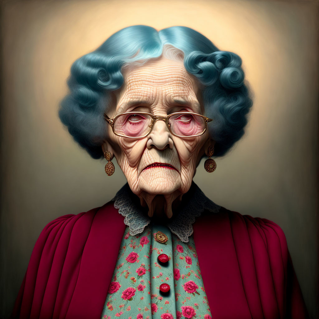 Elderly Woman Portrait with Blue Hair and Glasses