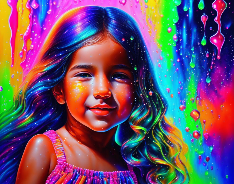 Colorful portrait of smiling girl with wavy hair against vivid rainbow backdrop