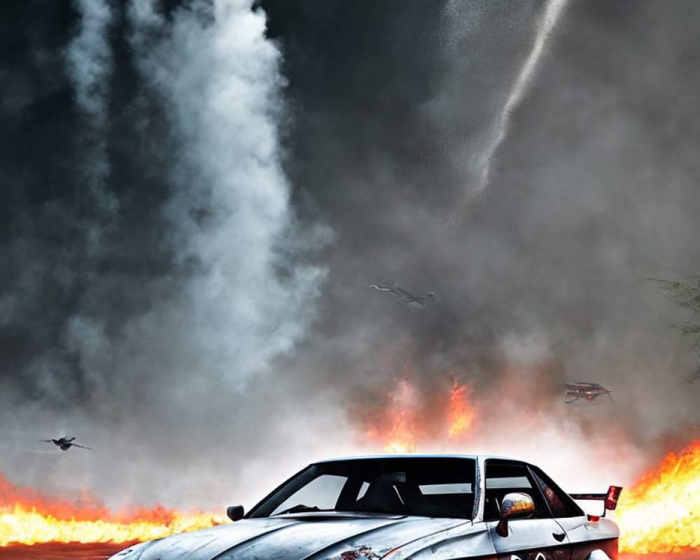 Custom Lexus with dramatic livery under fiery sky and water spouts.