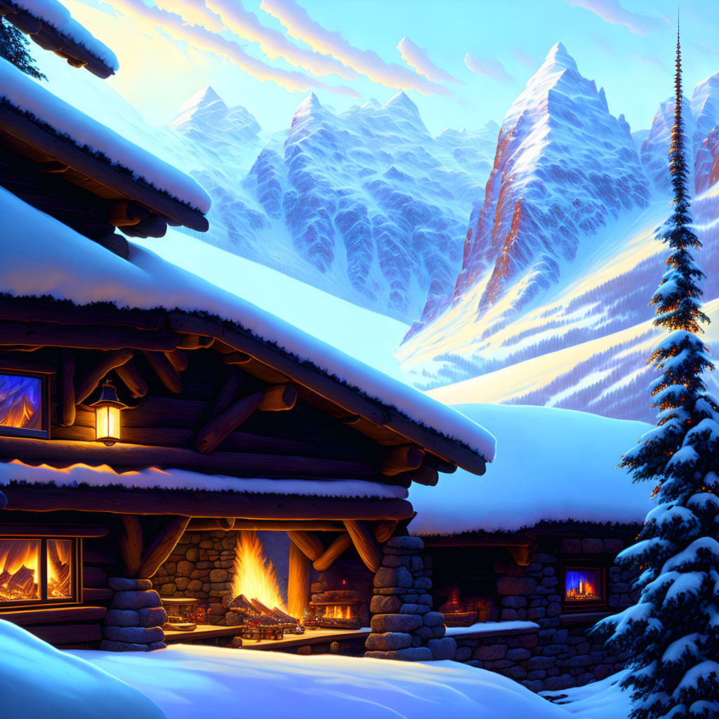 Snow-covered cabin with lit windows and outdoor fire in front of icy mountains at dusk