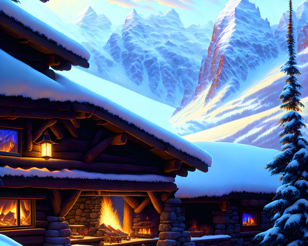 Snow-covered cabin with lit windows and outdoor fire in front of icy mountains at dusk