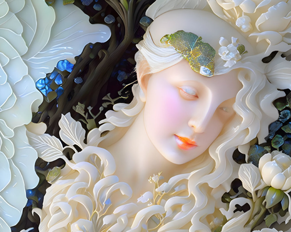 Detailed digital artwork: serene woman's face with decorative headpiece, white floral motifs, blue accents