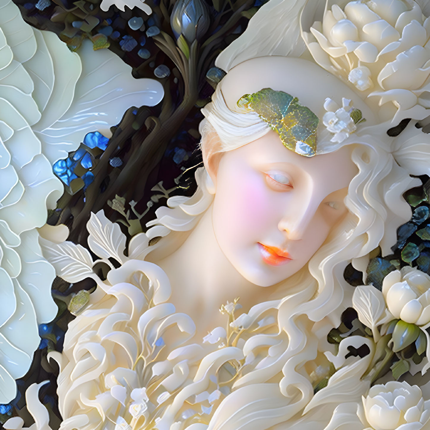 Detailed digital artwork: serene woman's face with decorative headpiece, white floral motifs, blue accents