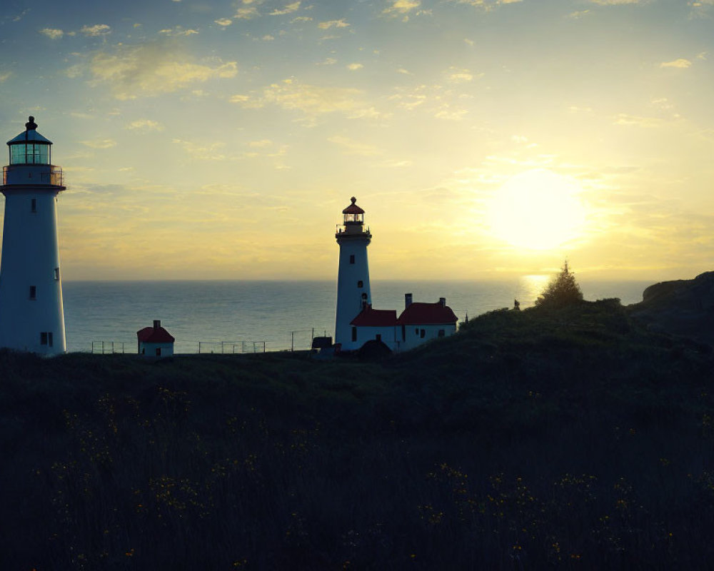 Scenic sunset view of twin lighthouses by the calm ocean