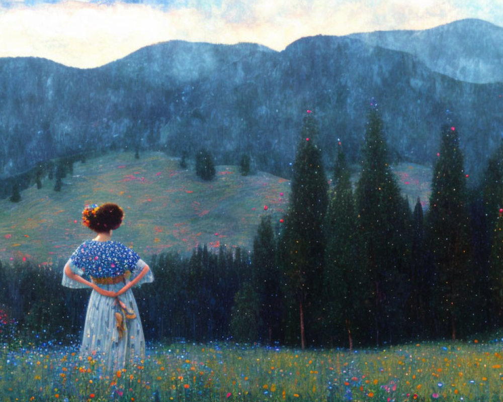 Woman in White Dress Standing in Blooming Meadow with Misty Mountains View
