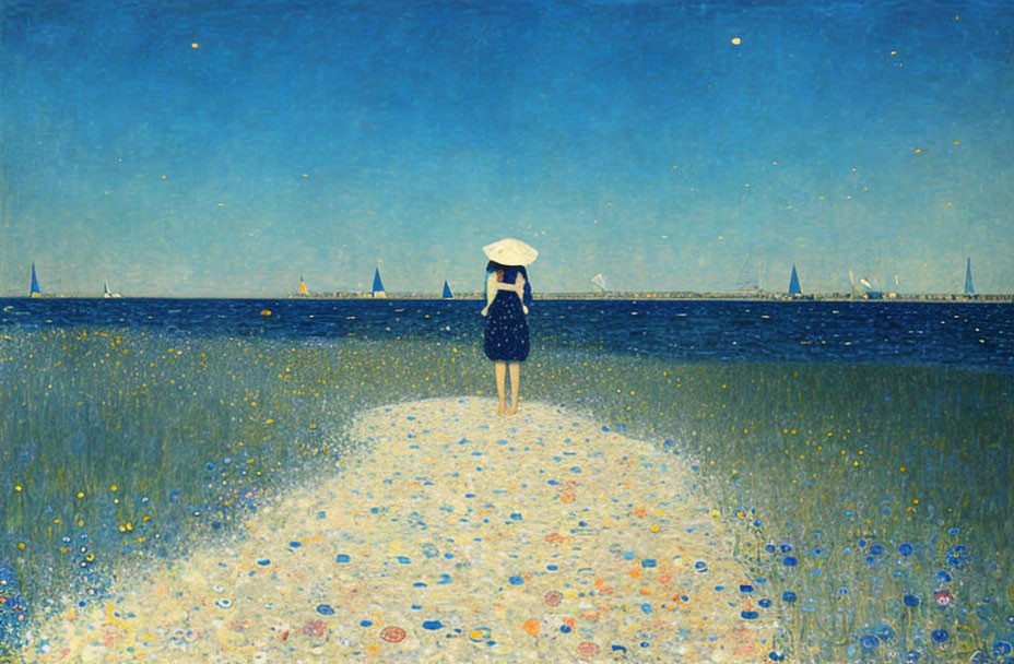 Woman in dark dress with parasol on flower-lined path by the sea at dusk