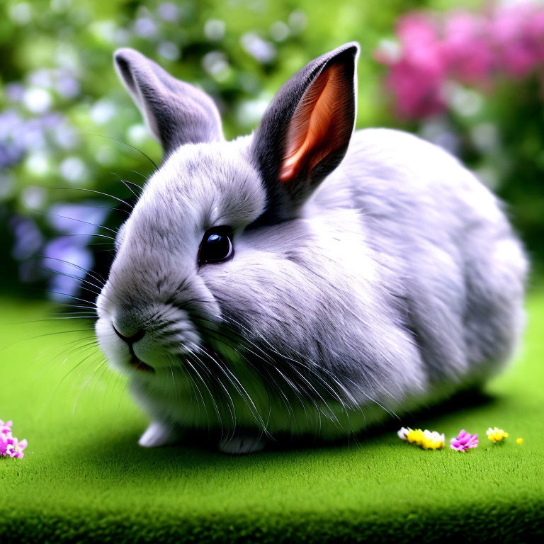 Fluffy Gray and White Rabbit Surrounded by Flowers on Green Grass