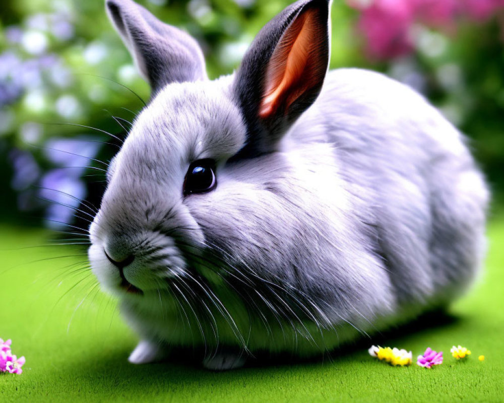 Fluffy Gray and White Rabbit Surrounded by Flowers on Green Grass