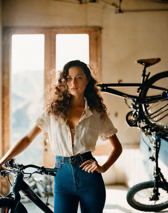 Woman posing indoors with bicycle handlebar by window and warm light.