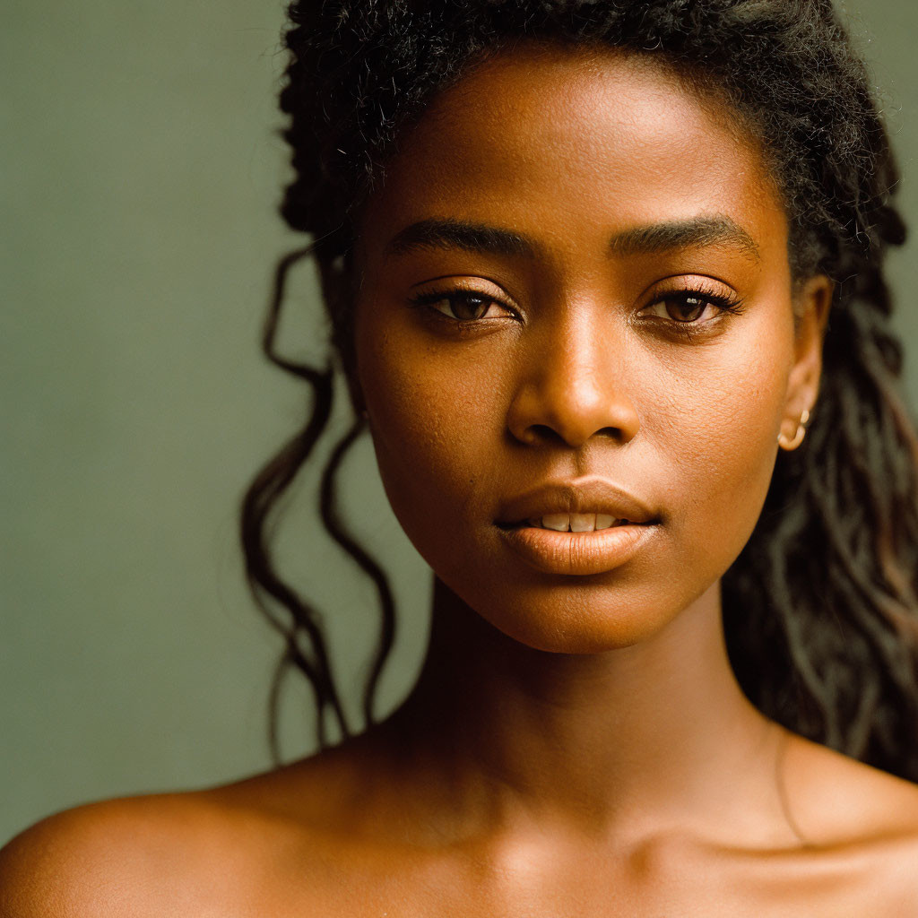 Close-up portrait of woman with dark skin and curly hair on green background