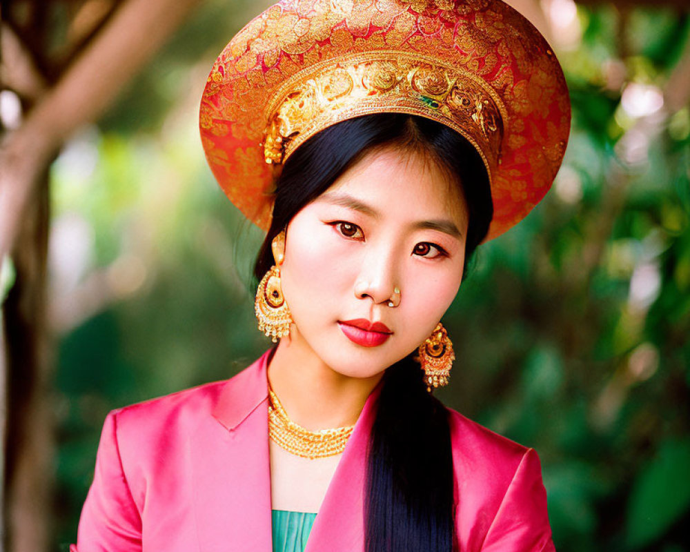 Traditional attire woman in red and gold hat and pink dress on green background