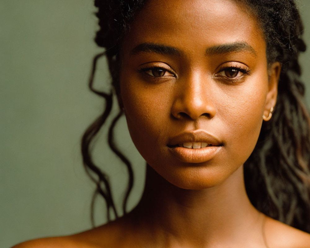 Close-up portrait of woman with dark skin and curly hair on green background