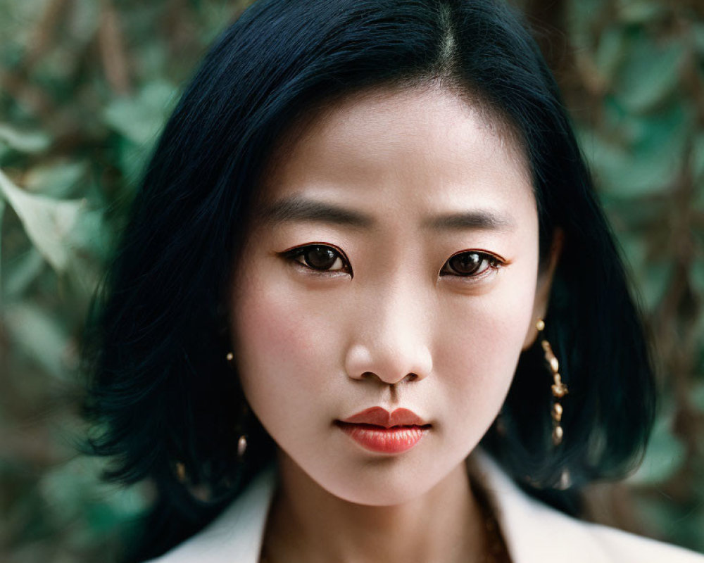 Portrait of woman with black hair, white blouse, gold jewelry, against green leafy backdrop