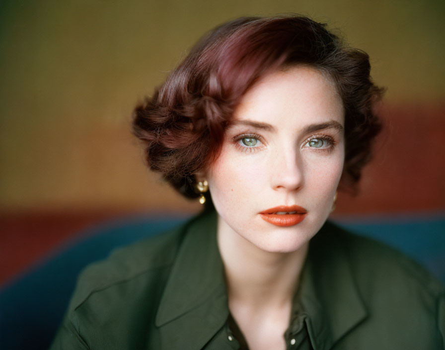 Portrait of Woman with Short Auburn Hair and Blue Eyes in Green Shirt