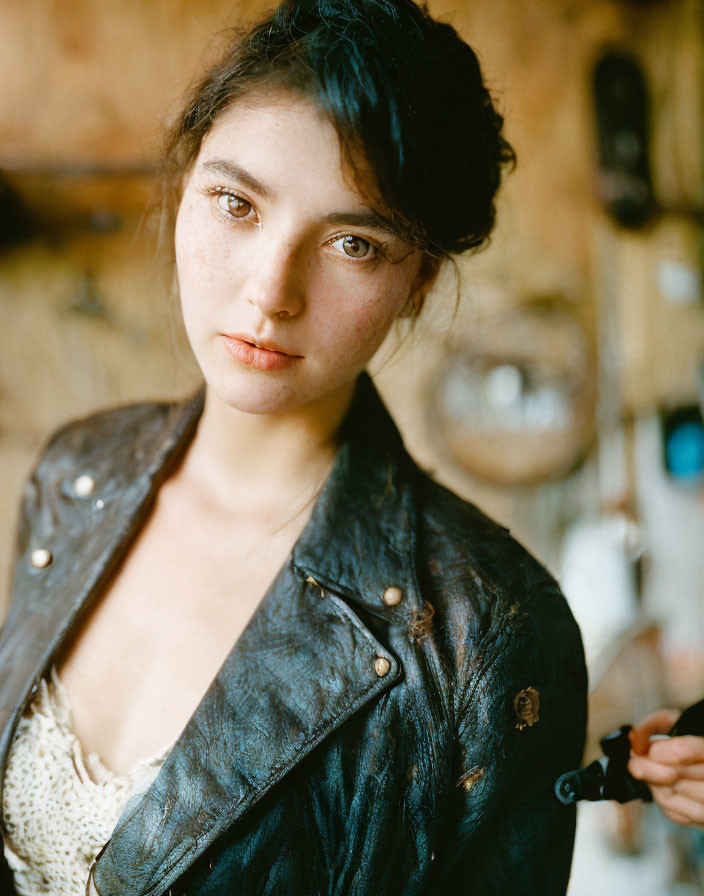 Freckled woman in leather jacket and white top gazes at camera