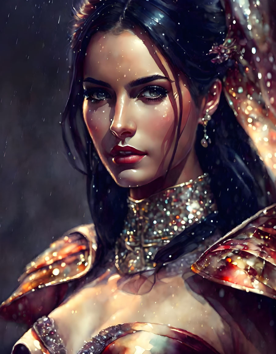 Dark-haired woman in bronze armor surrounded by falling droplets