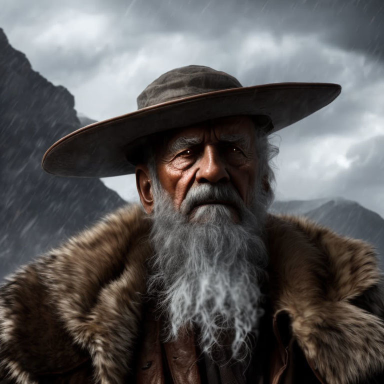 Elderly man in fur coat and hat against stormy mountains