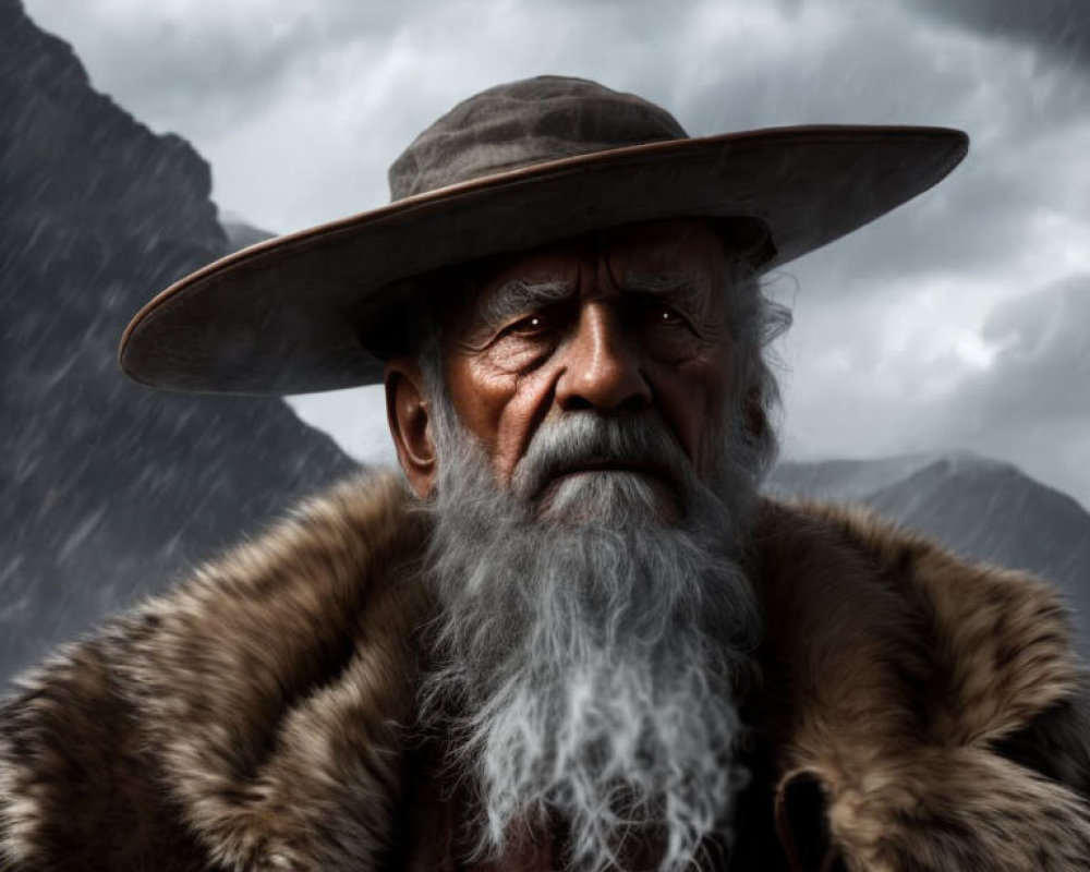 Elderly man in fur coat and hat against stormy mountains