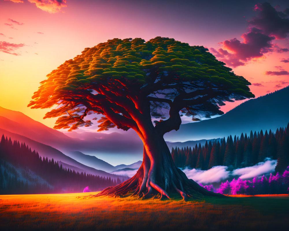 Colorful digital artwork: Majestic tree against vibrant sunset skies