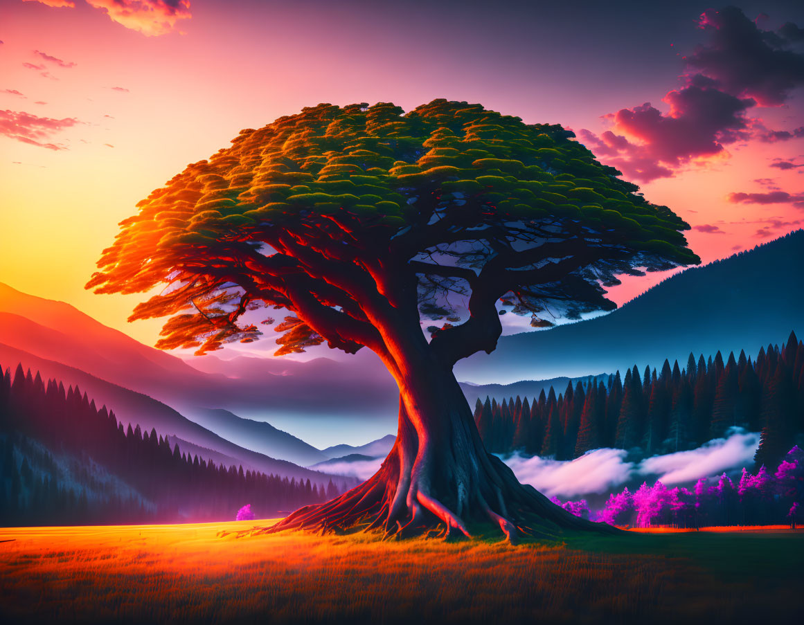 Colorful digital artwork: Majestic tree against vibrant sunset skies