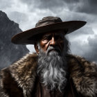 Elderly man in fur coat and hat against stormy mountains