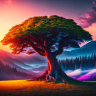 Colorful digital artwork: Majestic tree against vibrant sunset skies