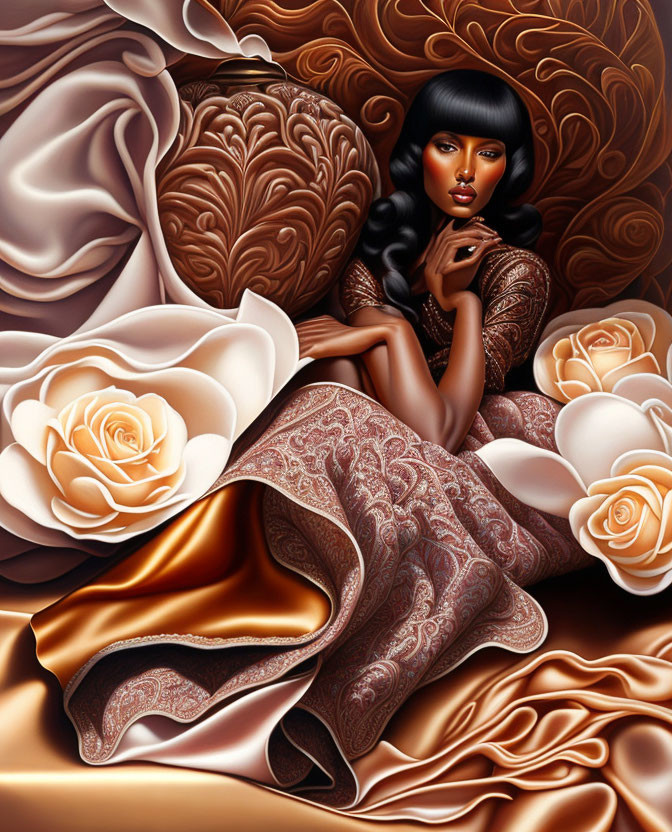 Illustrated woman in patterned dress with dark hair among cream roses on swirling brown background