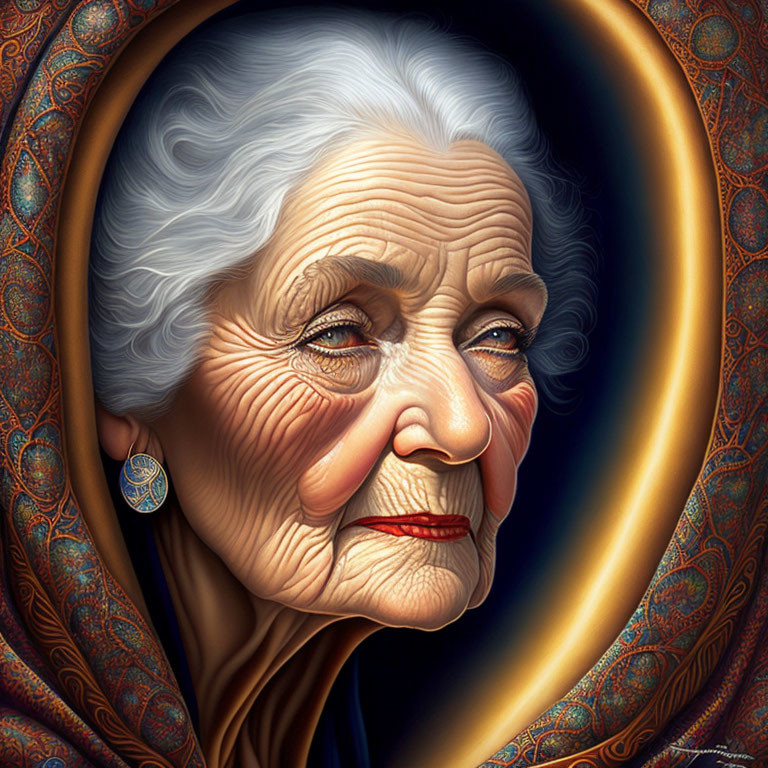 Colorful portrait of smiling elderly woman in ornate frame