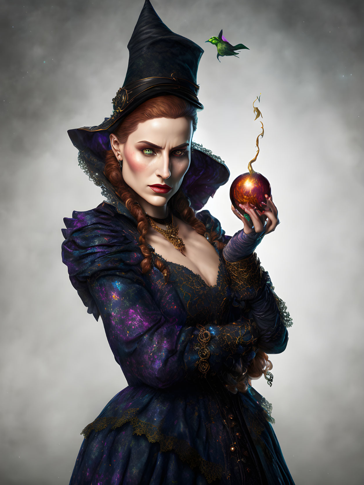 Purple and Black Witch with Magical Apple and Green Bird