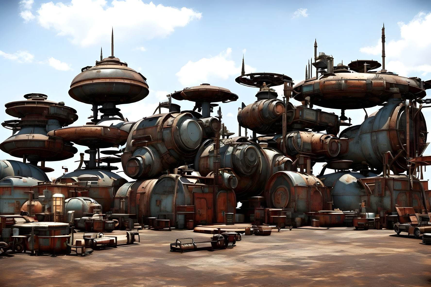 Interconnected Spherical and Cylindrical Structures in Futuristic Industrial Complex