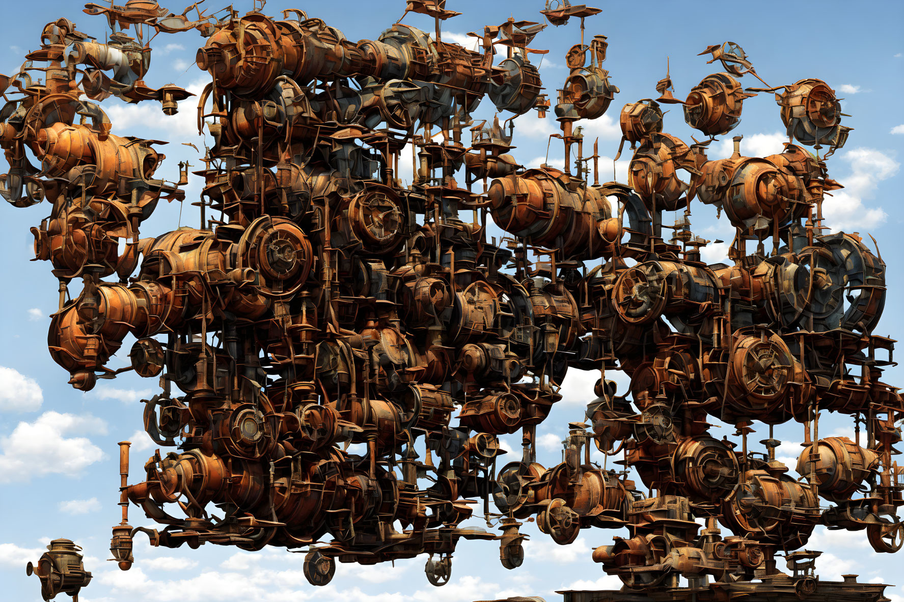 Detailed 3D-rendered steampunk flying machines in cloudy sky