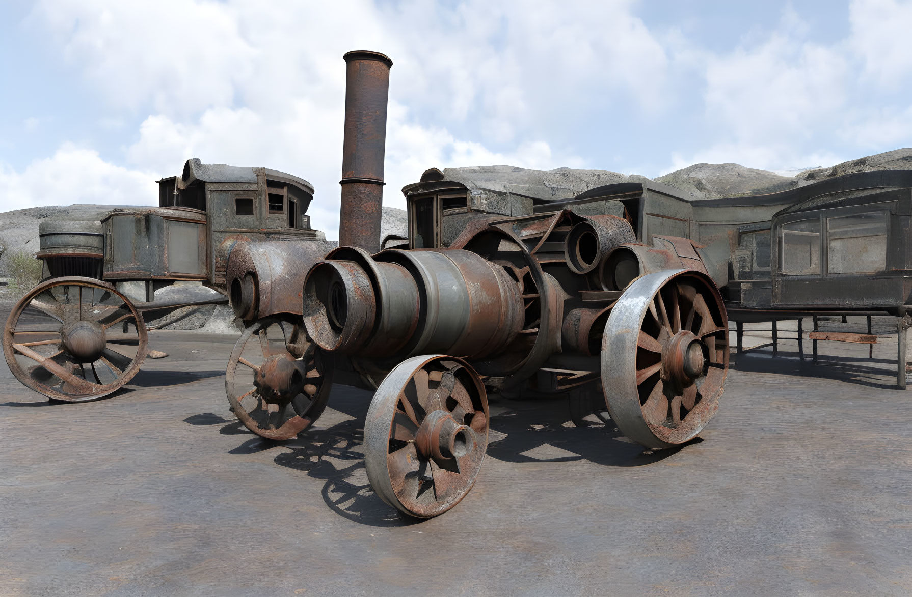 Vintage Steam Locomotive in Arid Landscape with Rusty Texture